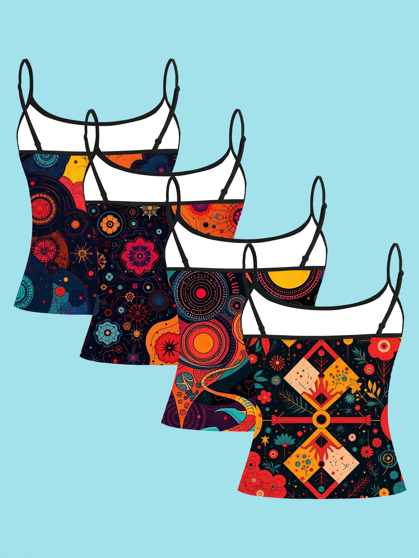 4-Piece Set of Ethnic Bohemian Mandala Print Camisole Tops for Women, Black Base with Warm Red and Orange Geometric Patterns, Slim Fit Spaghetti Strap Tops