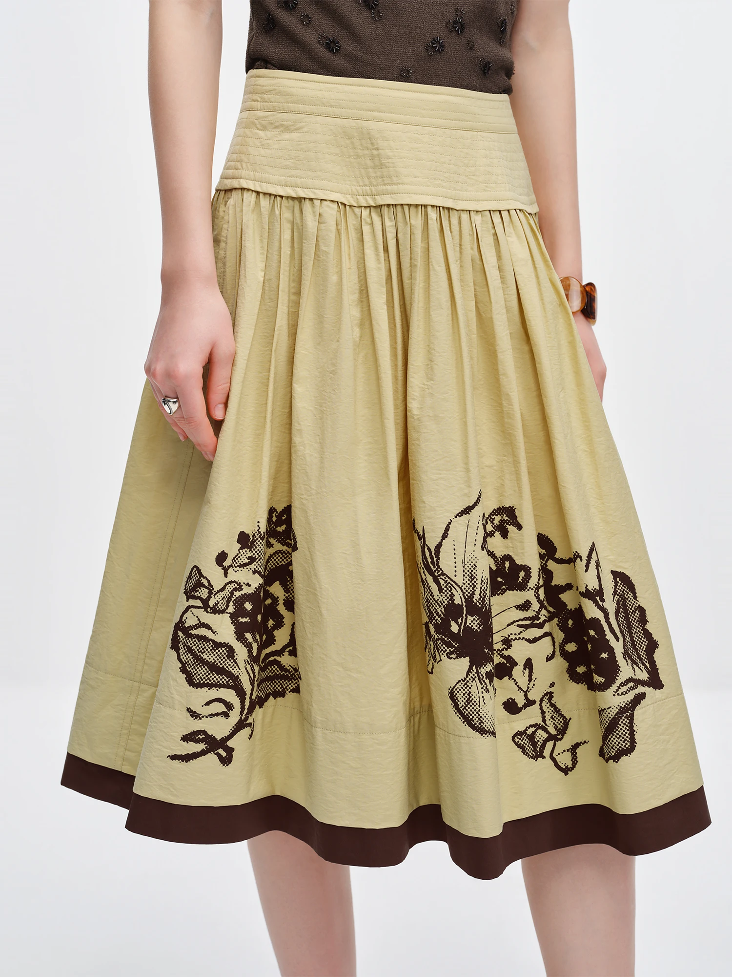 FSLE 【Premium Series】2026 Summer New Arrival Color-blocked Print A-line Midi Skirt Women with Elastic Waist Commuting Special