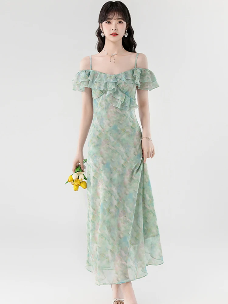 2025 New Green Floral Chiffon Chic Ruffled Casual Sling Dress Summer Elegant Bodycon Beach Dresses Women Korean One Piece Dress
