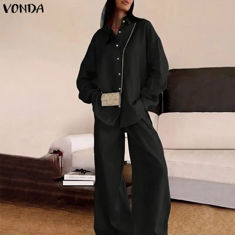 VONDA Women Two Piece Sets Long Sleeve Button Down Shirt Wide Leg Pants Loose Outfits Solid Color Casual Loose Office Work Suits