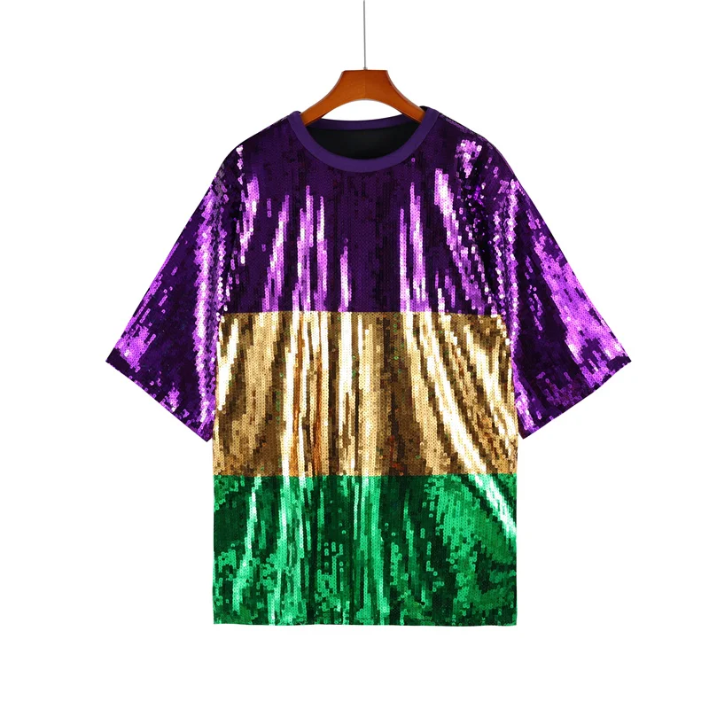 

Summer New Patchwork Color Sequined T-Shirt Round Neck Loose Hip Hop Short Sleeve Straight Fashion Streetwear Women's Wear