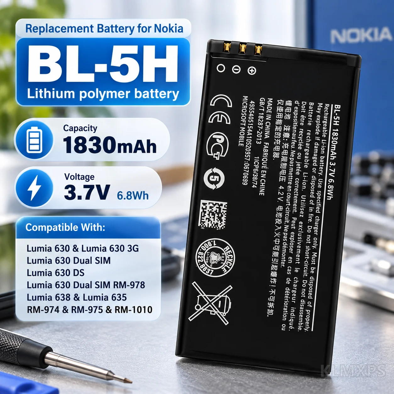 Mobile Phone Replacement Battery BL-5H For Nokia 630 3G DS, 638, 635, 1010 Compatible RM-974 RM-975 Repair Phone Battery