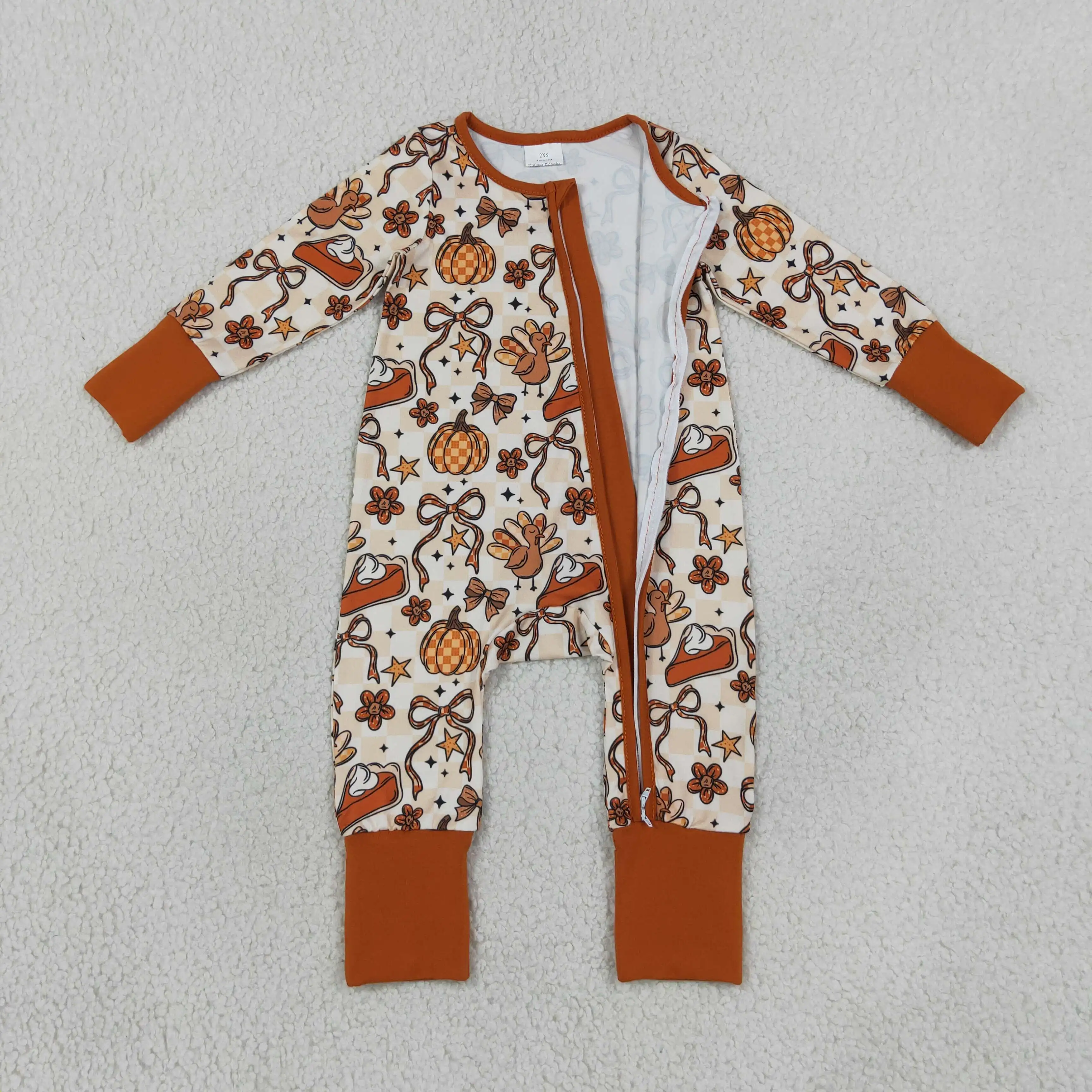 Wholesale Children Girls Long Sleeves Zipper Romper Baby Girl Pumpkins turkey Bows Pants Kids Toddler Newborn Bodysuit