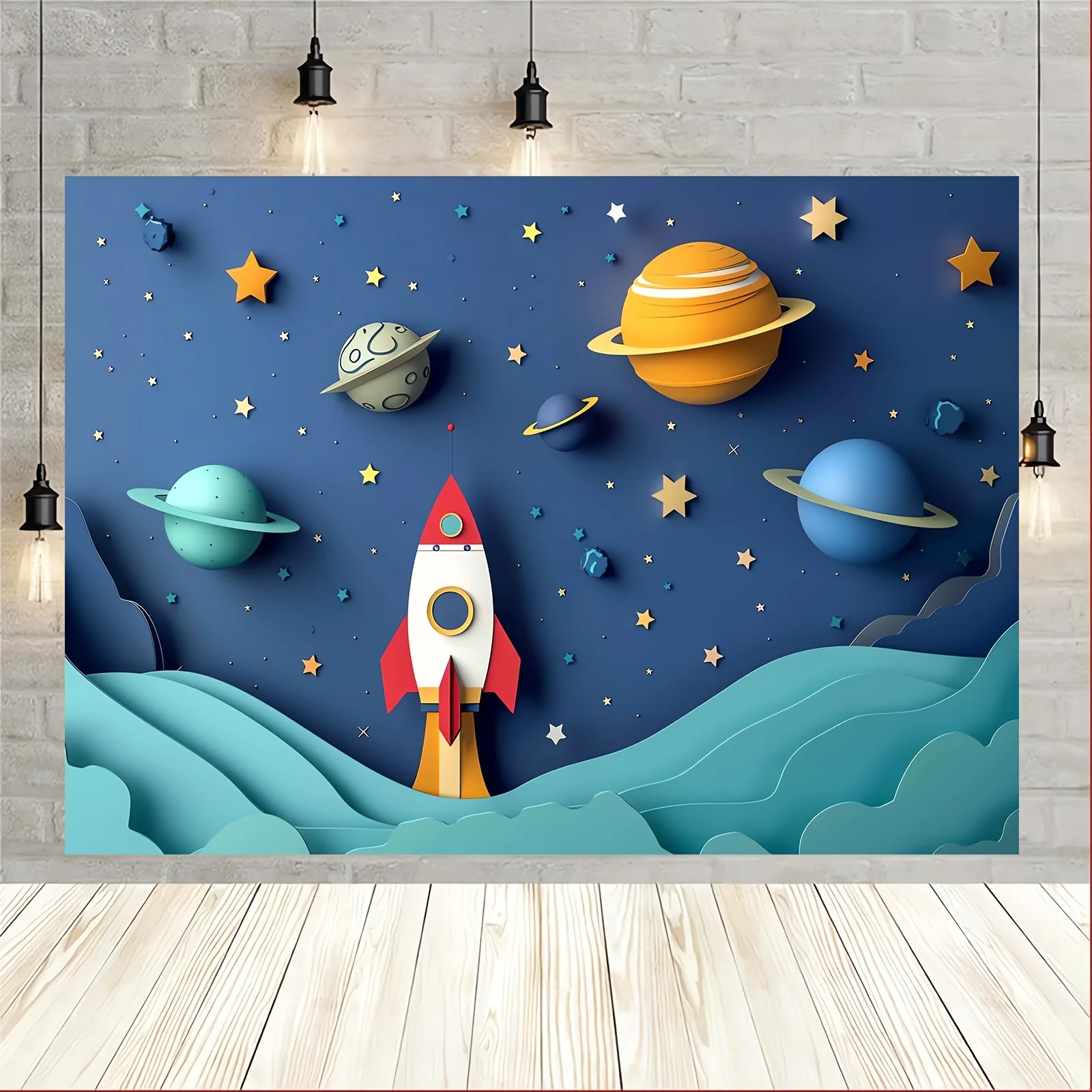 Space-Themed Photography Backdrop - Cartoon Spaceship & Galaxy Design, Polyester, Versatile For Birthday