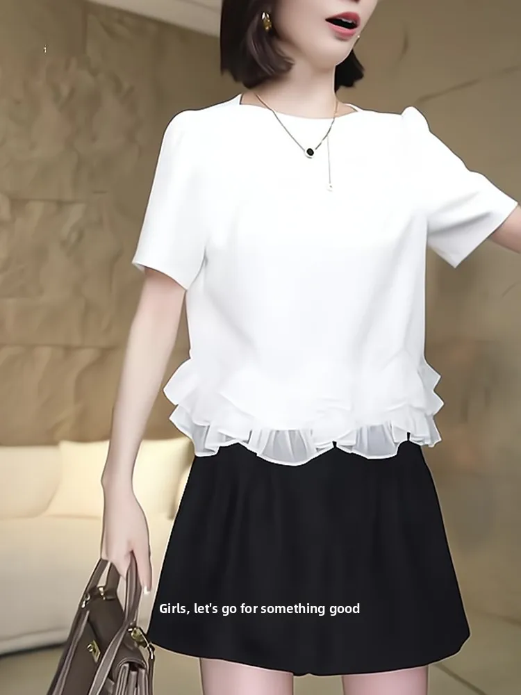 

Модный женский летний топ с коротким рукавом, кружевной отделкой и пэчворком, универсальный, элегантный, омолаживающий, трендовый