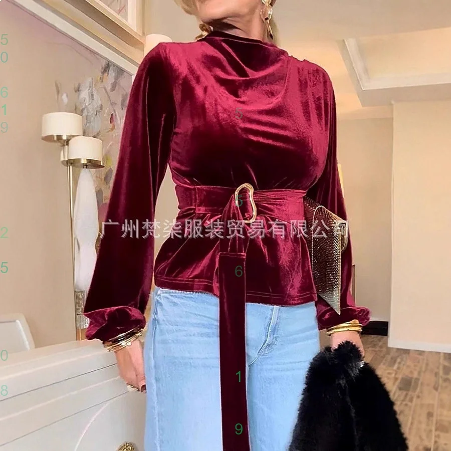 

French Velvet Half High Neck Waist Tie Short Blouse Tops Spring Summer Elegant Tops