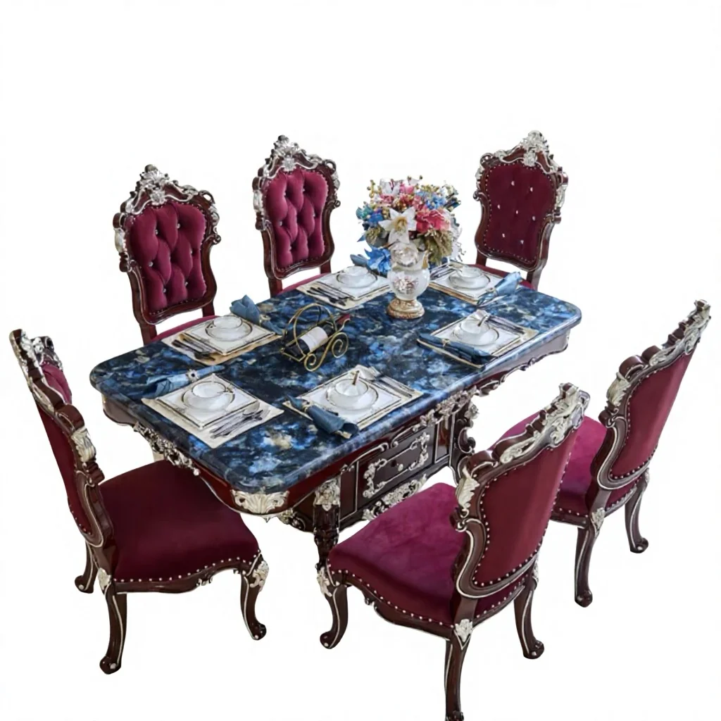 #Wholesale 9-Piece European Neoclassical Noble Solid Wood Carved Frame Antique Faux Marble Top Rotating Dining Set Dining Room