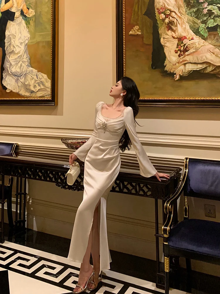 النمط الفرنسي الأنيق الصناعة الثقيلة الماس ساحة الرقبة متوهج كم عالية الخصر سليم صالح ذيل السمكة فستان حفلة طويلة النساء الخريف #5