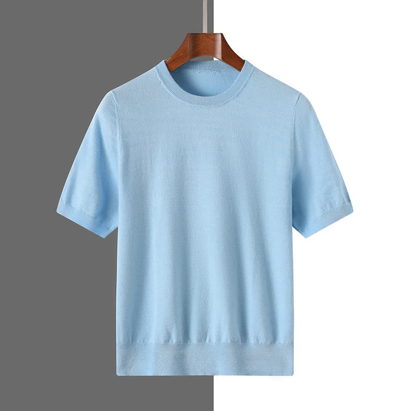 

Men's Knitted Short Sleeve Summer Crew Neck Loose Casual T-Shirt Thin Worsted Wool Short Sleeve