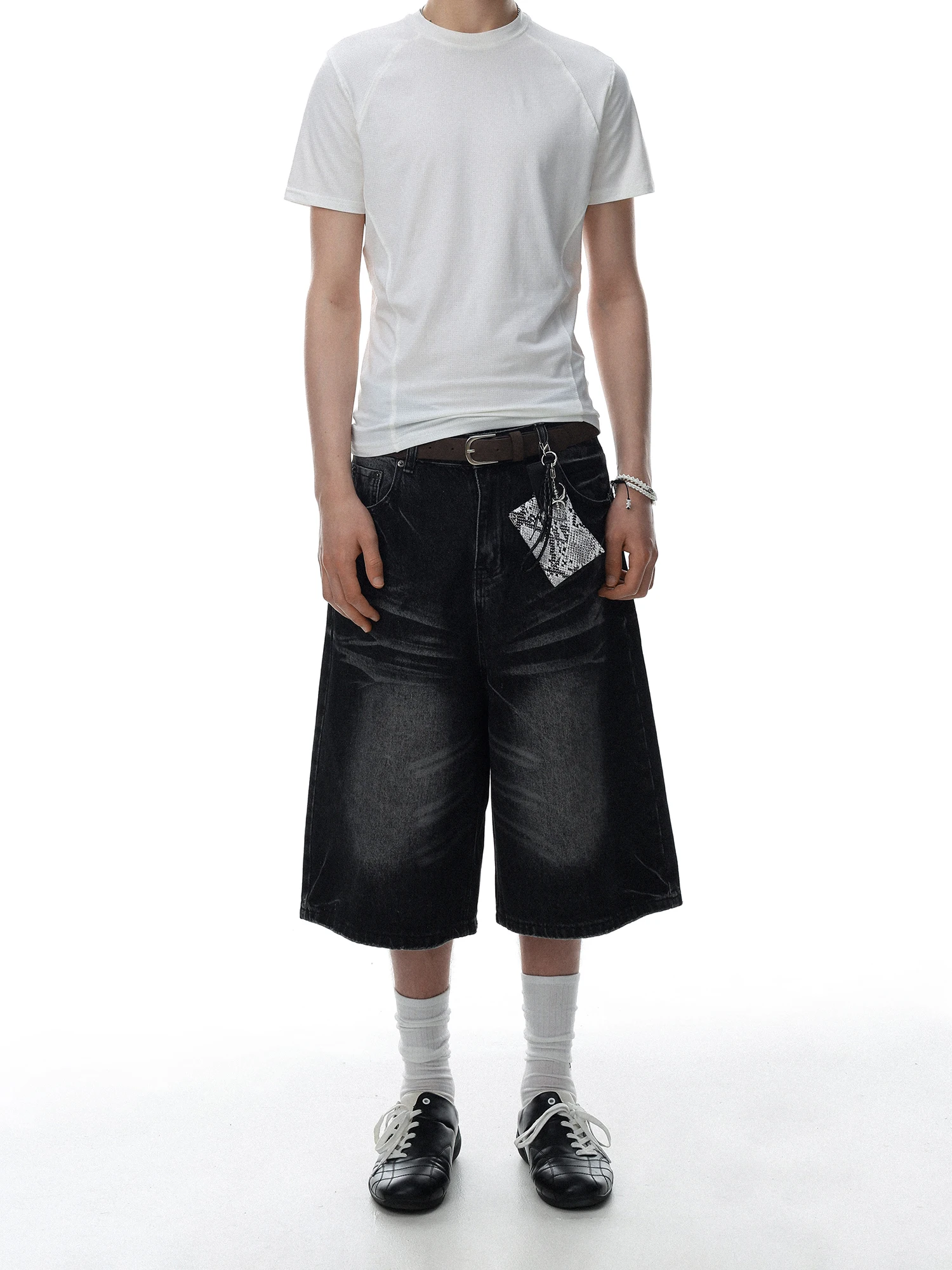 American Retro  Distressed Seven-Five Jeans Men Loose Casual Pure Color Pants Water Washed Middle Waist Button Fly Jeans