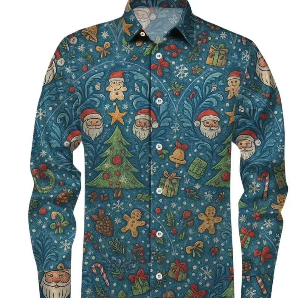 

Men's Christmas Party Fun Printed Long Sleeve Shirt Casual Holiday Single Breasted Button Collar plus Size Top Quick Shipping