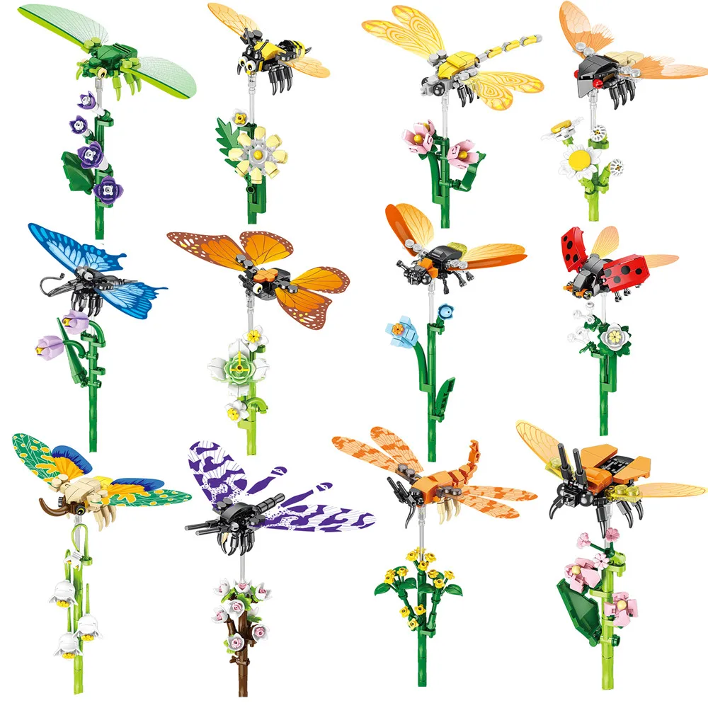 Blumenstrauß Insektenstrauß Bonsai Topfpflanze Bausteine Ziegel Modell Dekoration Spielzeug für Kinder