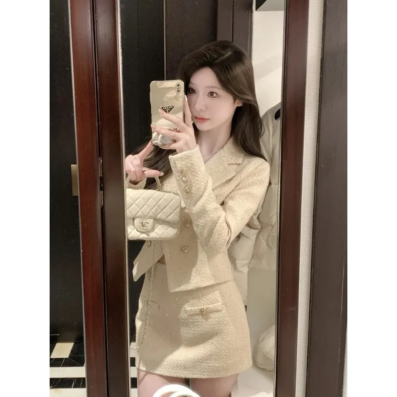 Women's French Style Tweed Blazer Mini Skirt Two Piece Set Double Breasted Sequin Decor Elegant Outfit In Beige