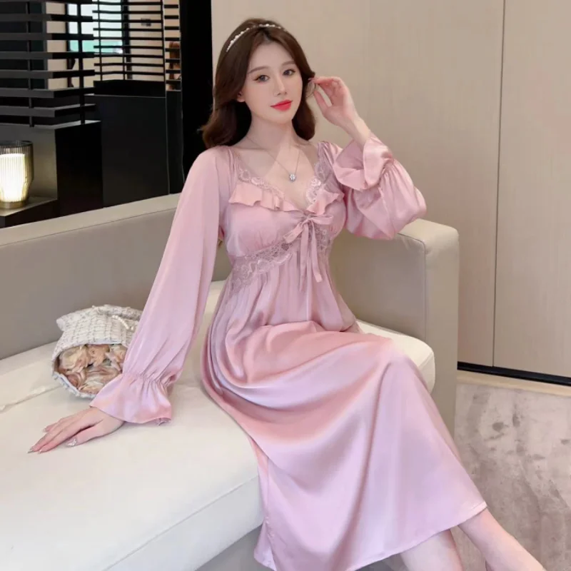 French Lazy Elegant Noble Y2k Women's Nightgowns Romantic Sexy Lace Chic Sleepskirt 2024 New Autumn Trend Home Casual Lounges