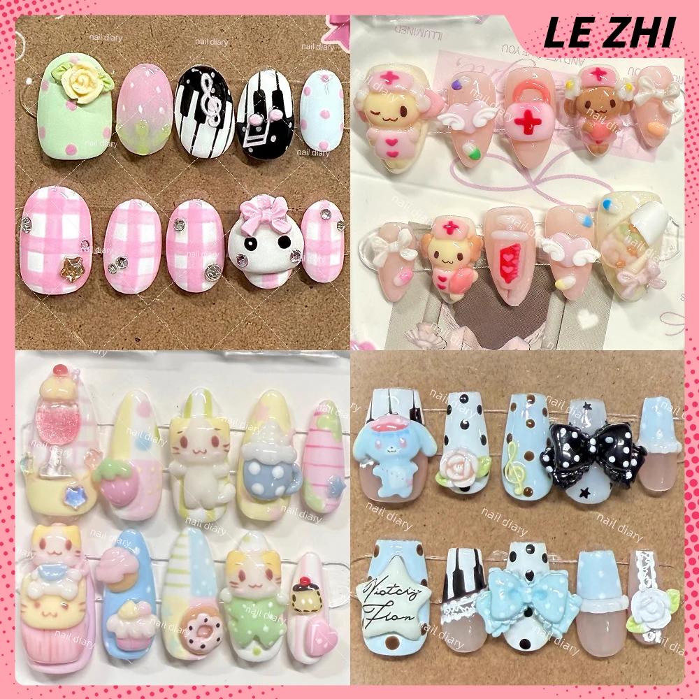 

Kawaii Cartoon Animation Square Ellipse Almond Handmade Nails Party Sticker Strawberry Bowknot Flowers Diamond Full Cover Nails
