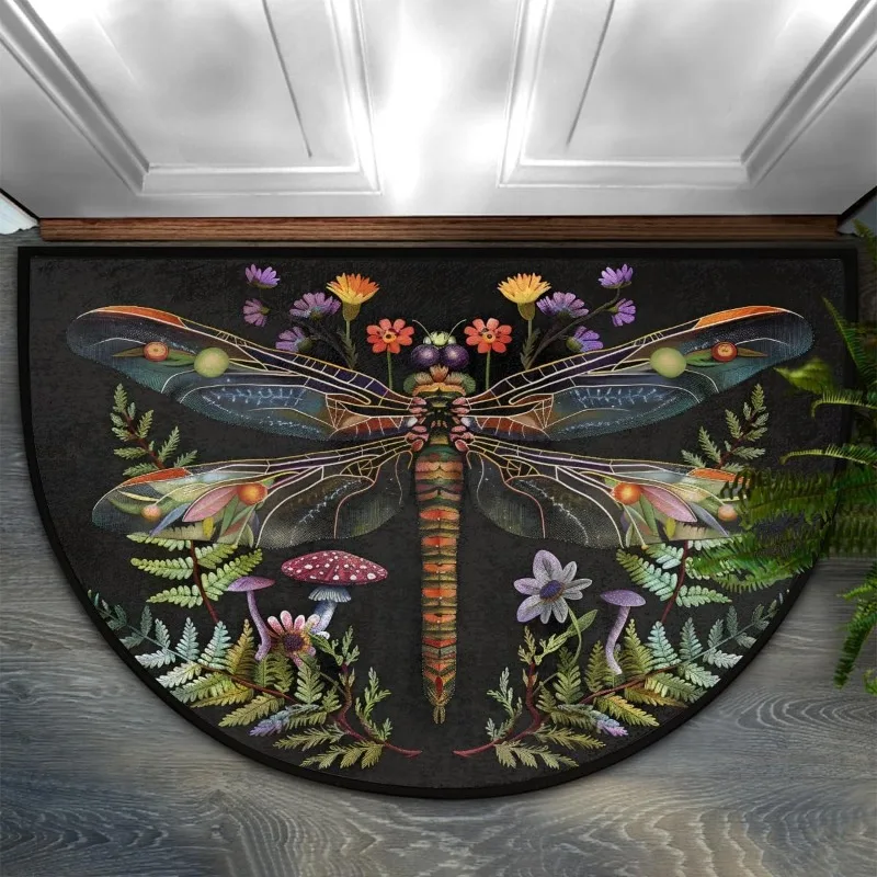 Paillasson demi-rond Bohème Libellule, motif botanique floral fantaisie et champignons, antidérapant, pour entrée, décoration intérieure Forêt Mystique