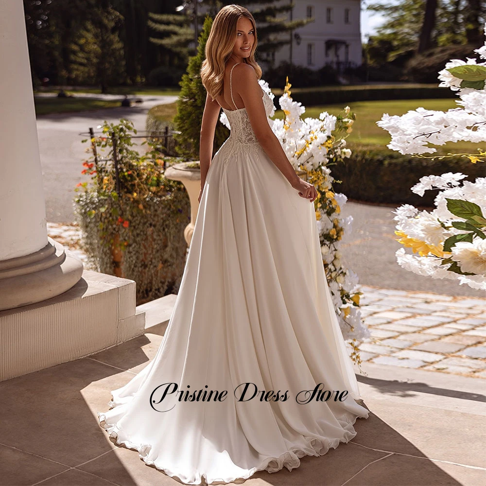 Customized Beach Chiffon Wedding Dresses for Women Spaghetti Straps Sweetheart Lace Side Slit Bridal Gowns with Sweep Train 2026
