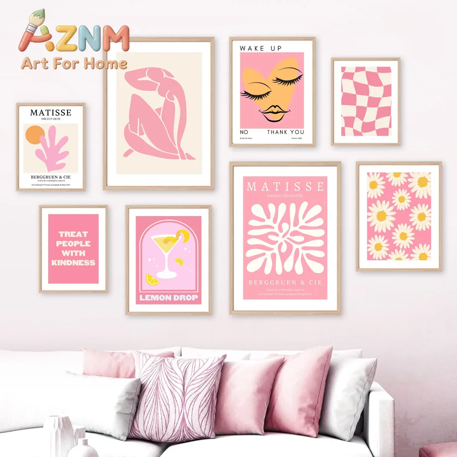 Matisse Woman Leaf Flower Drink Angel Number Pink Posters Canvas Painting Gallery Wall Art Prints Pictures for Living Room Decor