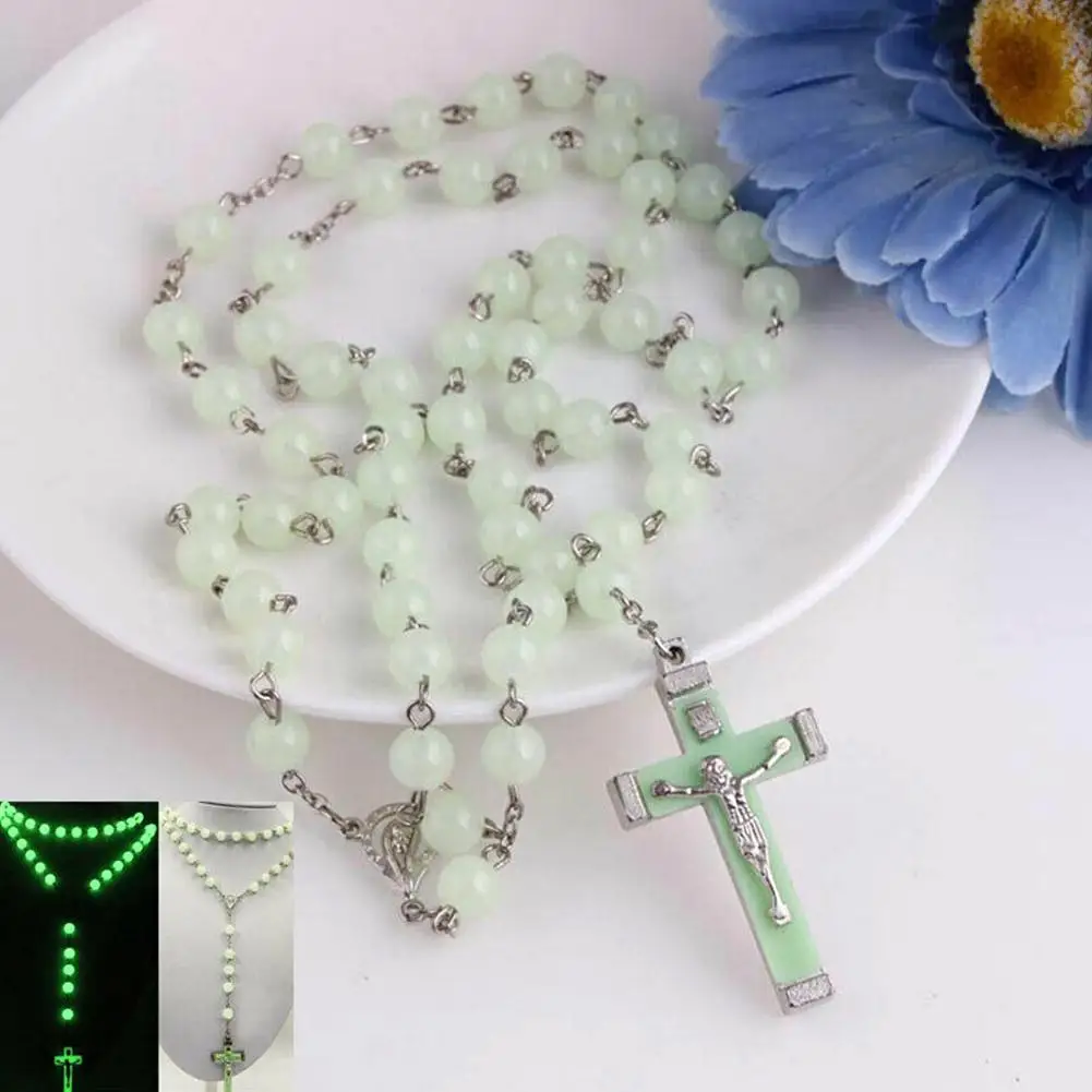 Luminous Cross Necklace For Men Women 8MM Christian Catholic Cross Rosary Necklace Glowing Light In Dark Beaded Rosary Neck V7W2