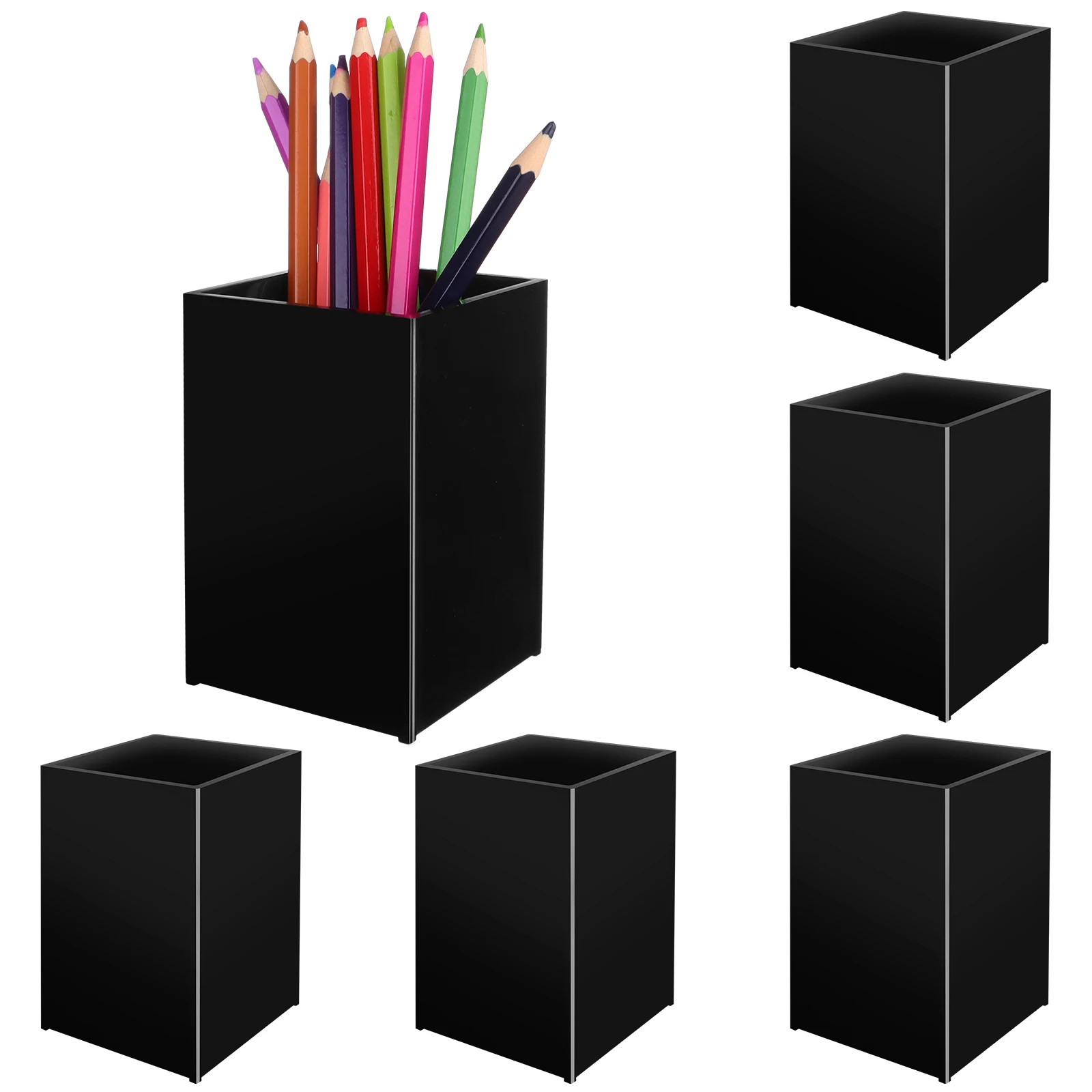 6 Pcs Black Acrylic Pen Holder Acrylic Pen Pot, Pen Pencil Holder Square Acrylic Pencil Organizer Transparent Pen Cup Makeup Bru