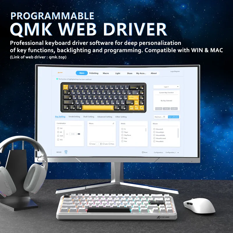 ATTACK SHARK X65 HE 65% Wired Gaming Keyboard with 8000 Hz Polling Rate, 0.01mm RT Accuracy, PBT Keycaps, QMK Driver, RGB