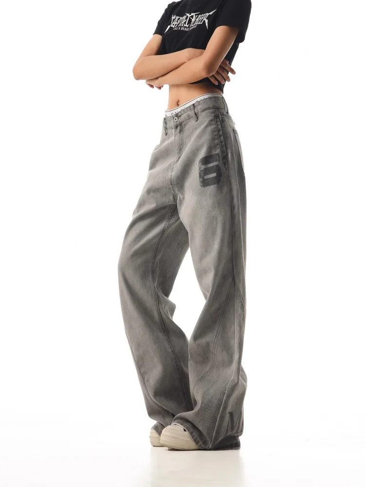 Women's Simple Letter Pattern Gray Wide Leg Jeans Street High Waist Trendy Micro Flared Trousers Female Baggy Denim Pants
