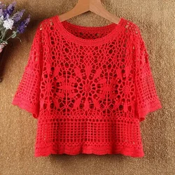 Summer Clothing Latest Women's round Neck Crocheted Cutout Blouse Short Large Size Lace Half Sleeve Loose Top for Women