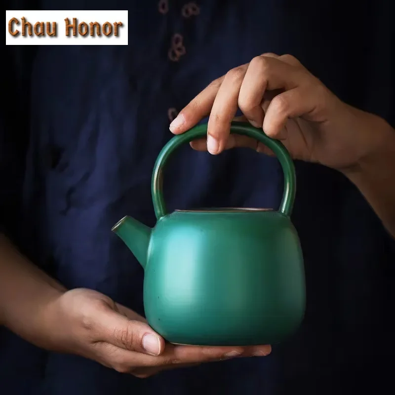 

480ml Japanese Style Turquoise Coarse Ceramic Handle Beam Pot Large Household Kung Fu Tea Set Tea Ceremony Tea Making Pot Gift