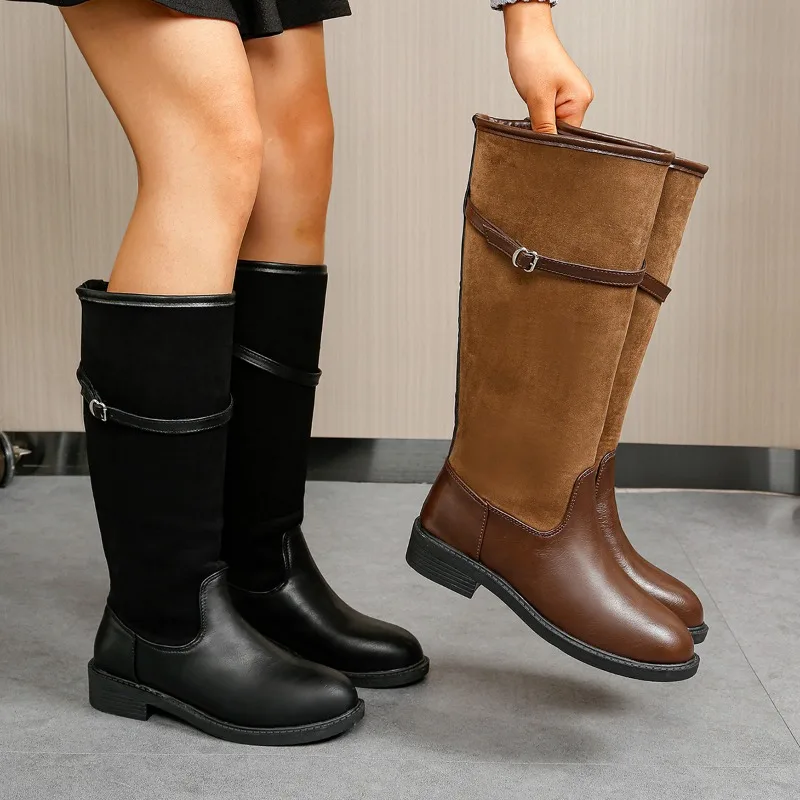 Retro Style Belt Buckle Spliced Western Knight Boots Skinny Chunky Heel No Knee Women's Shoes