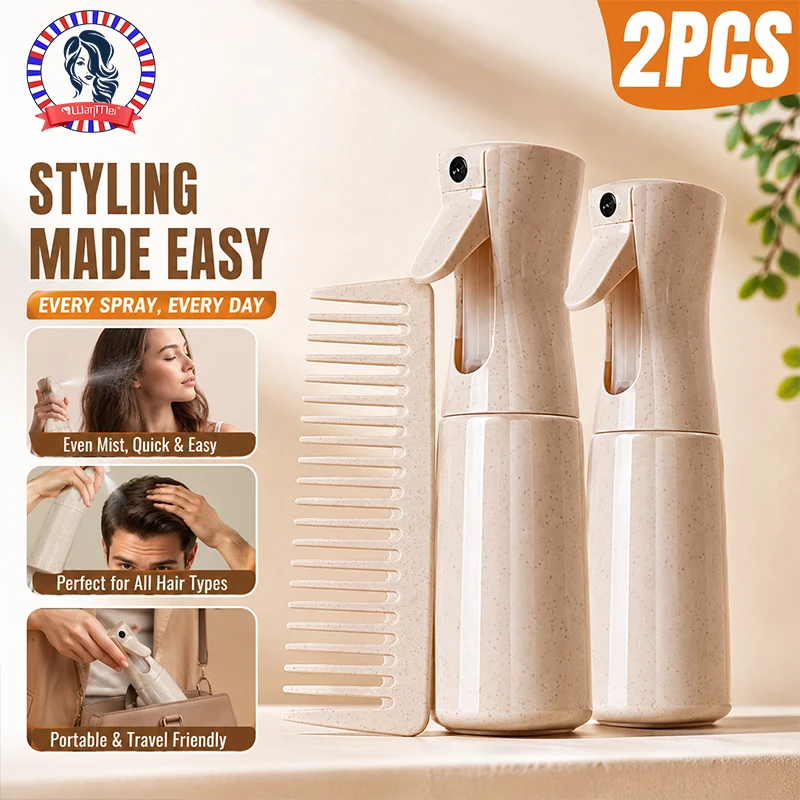 2PCS Fine Mist Spray Bottle Wide Tooth Comb Set Wheat Straw Hair Styling Tool Portable Detangling Hydrating for Salon Home