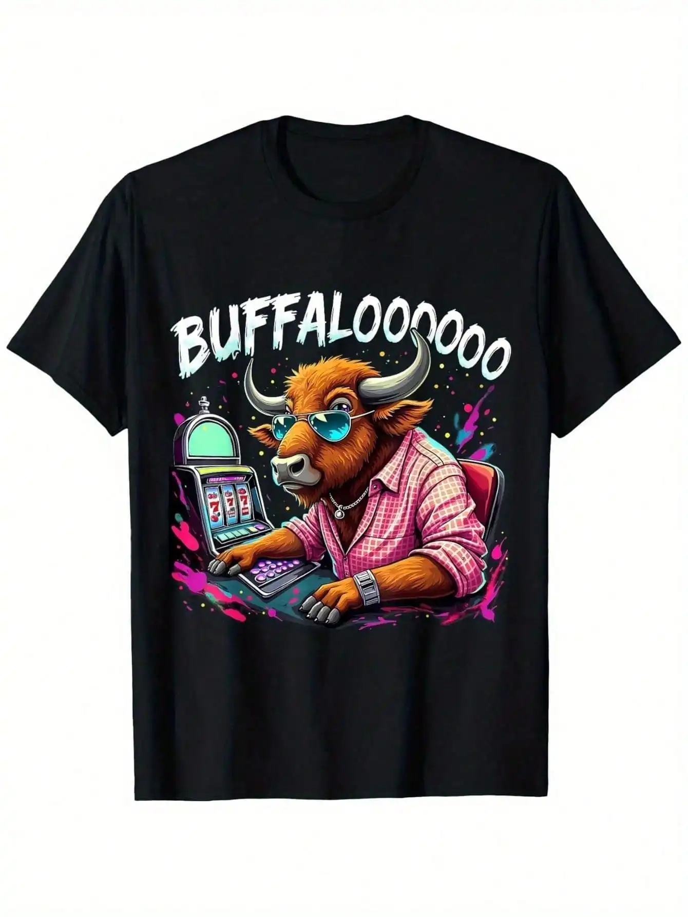 

Buffalo Slot Machine Funny Art Lovers Costume T-Shirt, Fashionable Cotton Top Short Sleeve, Breathable, Moisture Absorbent,