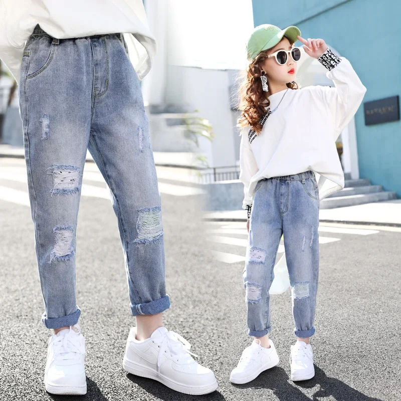 Girls Pants Summer Teenage Ripped Jeans for Girls Hole Pencil Pants 8 10 12 Years Student Children Casual Jeans Kids Trousers