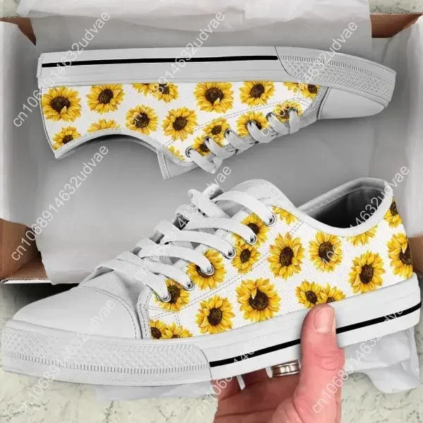 Zapatos de lona con estampado de girasol y flores amarillas para mujer, zapatillas clásicas ligeras para exteriores, planas, blancas y negras, 2022