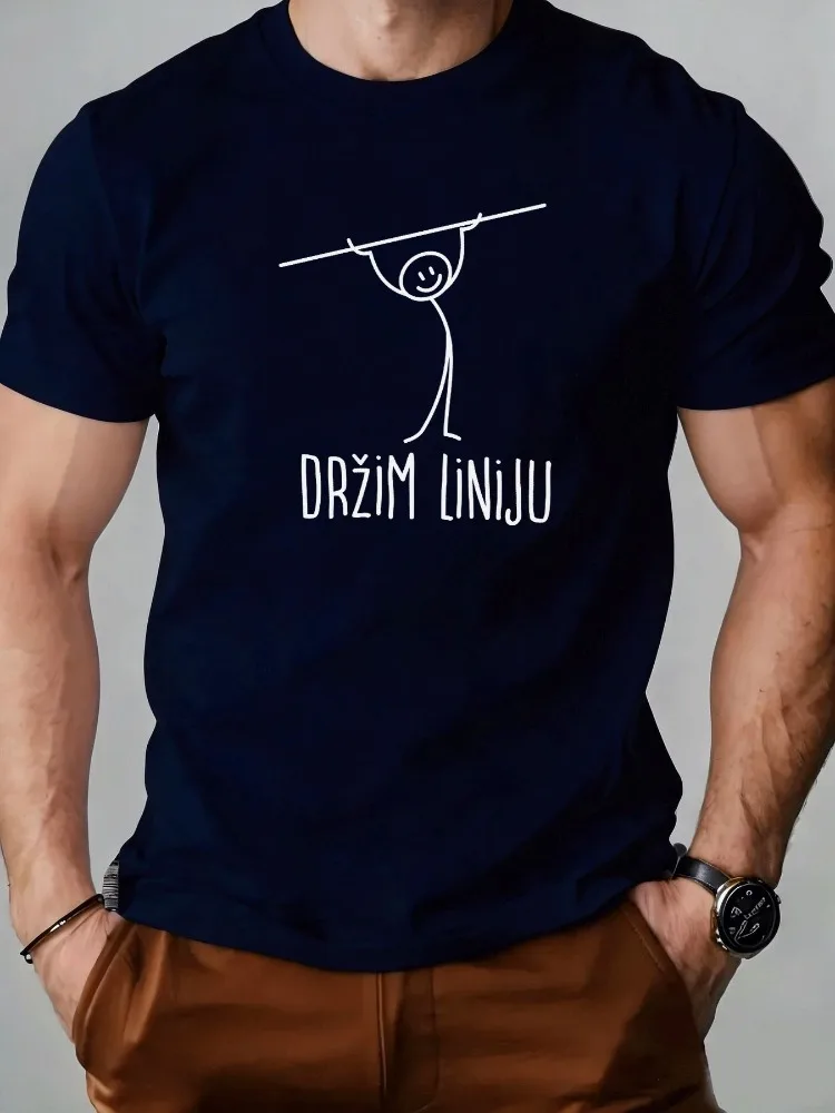 Summer White Basic Male Tee Hand Drawn Stick Figure Hanging Drzim Liniju Slogan Print Lightweight Daily Street Fashion Top