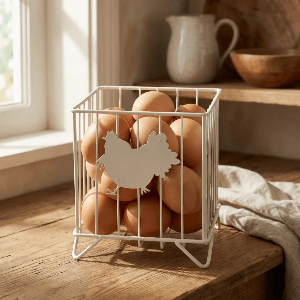Creative Rustic Egg Gathering Basket Openwork Sturdy Hen Pattern Storage Basket Iron Decorative Food Storage Box Dining Room