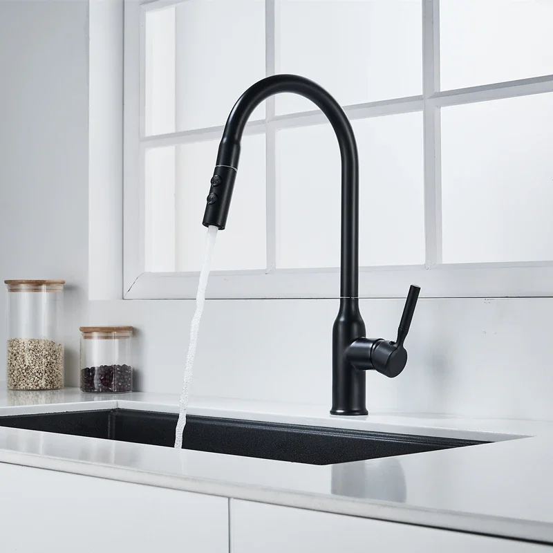 WZLY Kitchen Faucets Black Brass Stream Sprayer Head Kitchen Sink Mixer Tap Cold Hot Water Single Hole Taps torneiras de cozinha