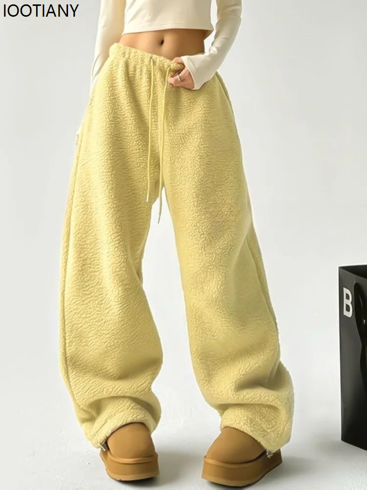 

Basic Style Casual Trouser High-waisted Straight-leg Fleece-lined Trousers Loose-fit Casual Winter Fleece-lined Wide-leg Pants
