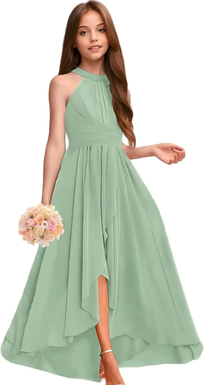 Шифоновое платье трапециевидной формы для подружек невесты, плиссированное платье с цветочным узором для девочек, вечернее вечернее платье с высоким и низким вырезом на свадьбу