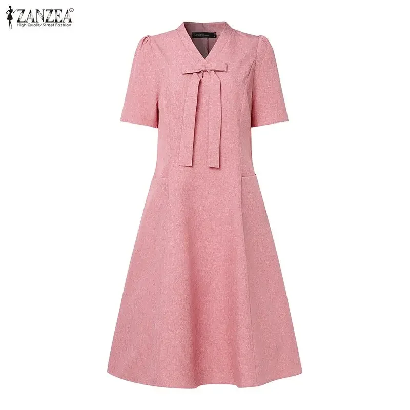 ZANZEA-vestidos elegantes de oficina para mujer, Vestido de fiesta con cuello de pico, Vestido liso de trabajo hasta la rodilla, Vestido de manga corta 2026
