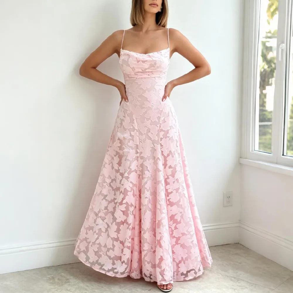 Sey Women Jacquard Weave Floral Sling Dress Slim Waist Cross Lacing up Bandage Backless no back Maxi Long Dresses Party Vestidos
