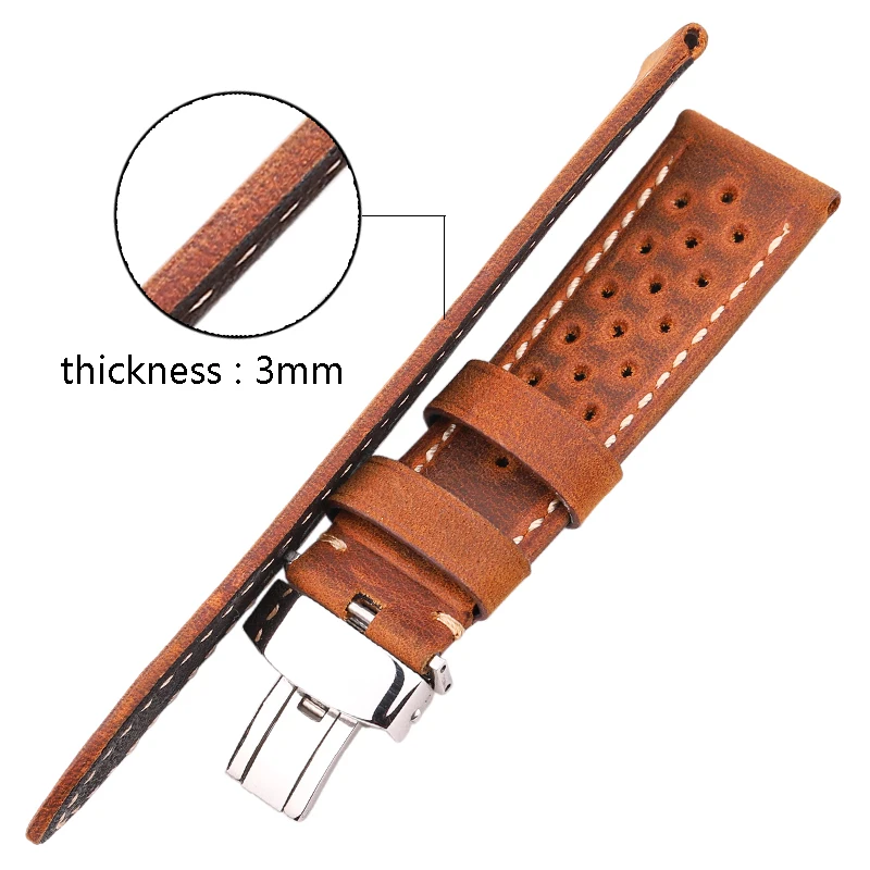 Breathable Genuine Leather Watch Strap Cowhide Band With Deployment Clasp 18mm To 24mm Available In 5 Colors Unisex Watchband