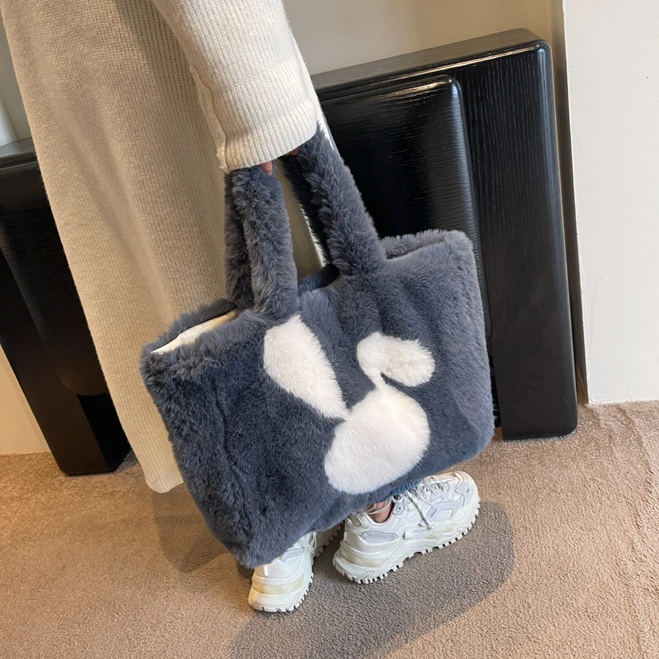 Rabbit Fur Women\'s Bag Bunny Plush Eco Bag Korean Furry Shopper Shoulder Bag Fluffy Handbag Y2K Side Bag Large Fuzzy Tote Bag