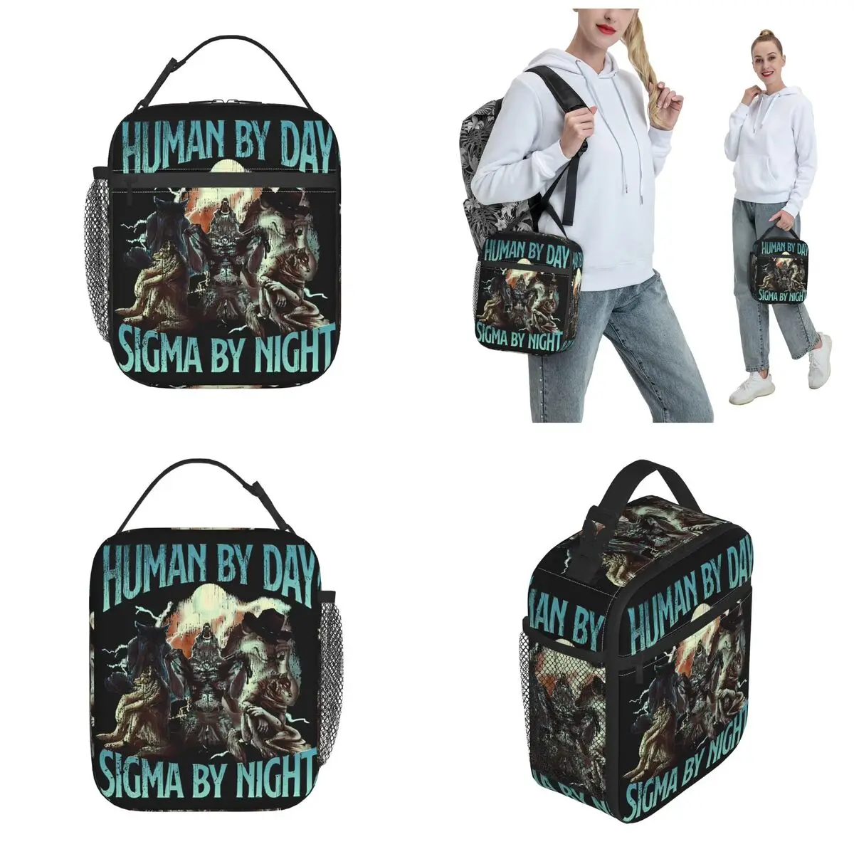 Vintage Human By Day Sigma By Night Bootleg Thermal Insulated Lunch Bags Work Funny Wolf Portable Box for Lunch Lunch Box