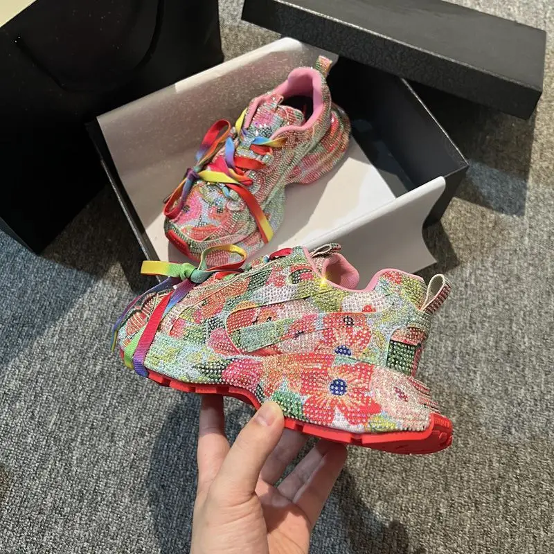 Women's Floral Full Rhinestone Rainbow Lace Chunky Platform Dad Shoes Lace Up Height Boost Street Casual Footwear Drop Shipping