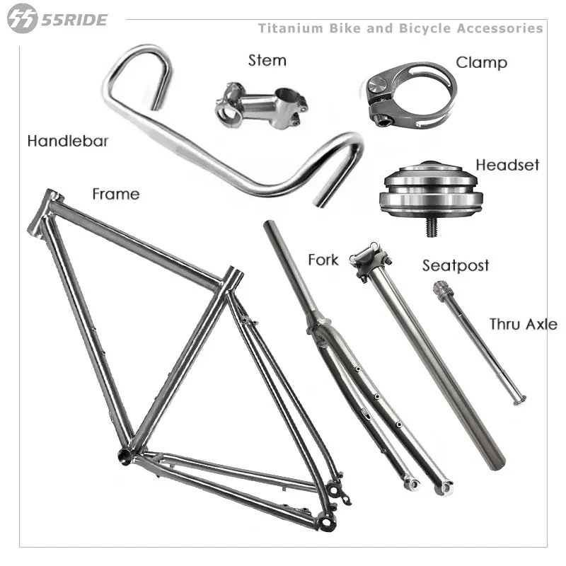 8 Pcs Titanium Gravel Bike Frameset, Hardtail Flat Amount Disc Brak, 700C*45, 142*12 Thru Axle Handcraft, Racing Cycling Sets