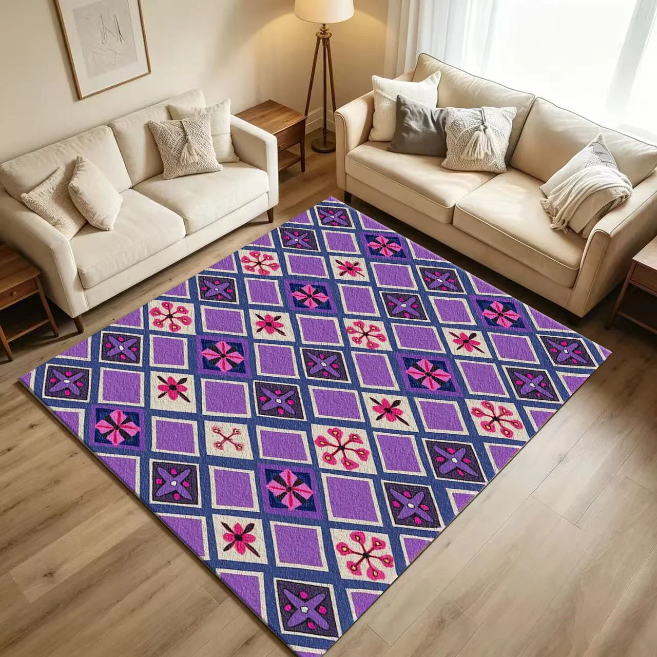 Purple Blue Diamond Floral Geometric Carpet Flooring Retro Rhombus Flower Seamless Pattern Printed Floor Rug for Household Indoo
