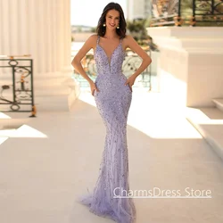 Sexy Lilac Evening Dress Customized Spaghetti Straps V Neck Sparkling Beading Sequined Open Back Mermaid Prom Gown Party Dresses