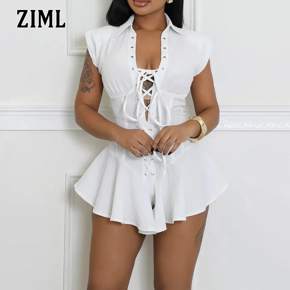 

ZIML Solid Spliced Lace Up Slimming Jumpsuits for Women Lapel Short Sleeve High Waist Temperament Jumpsuits Female Fashion New