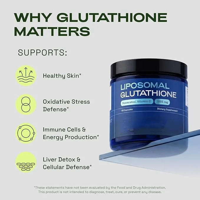 1155mg Liposomal Reduced Glutathione Capsules with Resveratrol and Vitamin C, High Absorption Antioxidant Supplement, 60 Count