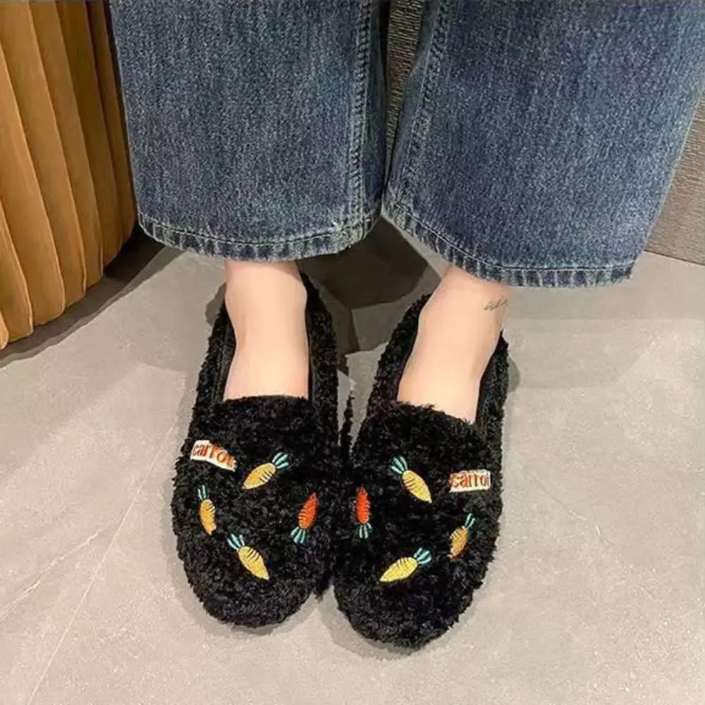 Casual Embroidery Carrot Plush Slipper Cartoon Anti-skid Winter Slippers Shoes Warm Soft Fluffy Flats Shoes Outdoor